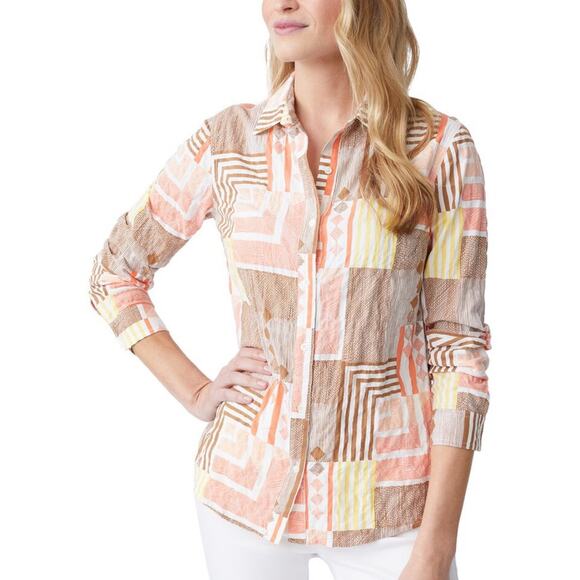 J. Mclaughlin Lois Blouse Size M Brown Orange Yellow Geometric Button Up LS NWOT - Picture 1 of 14